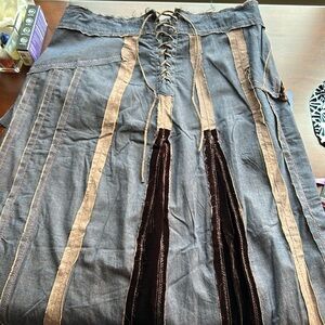 Cordelia blue jean mixed media maxi skirt size large bustled  in back pleated….